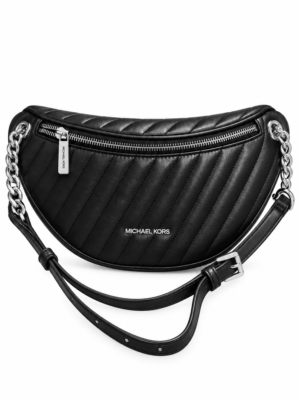 MICHAEL KORS Black Quilted Crescent Leather Crossbody with Chain Strap